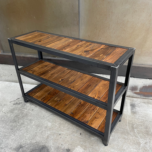 アイアンシェルフ　シューズラック　植物棚　棚　スチールラック 木天板仕様］アイアンシューズラック3段仕様 植物棚 シェルフ