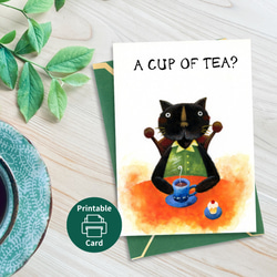【デジタル商品】手描きメッセージカード＜お茶の飲む猫＞日本水彩画 1枚目の画像