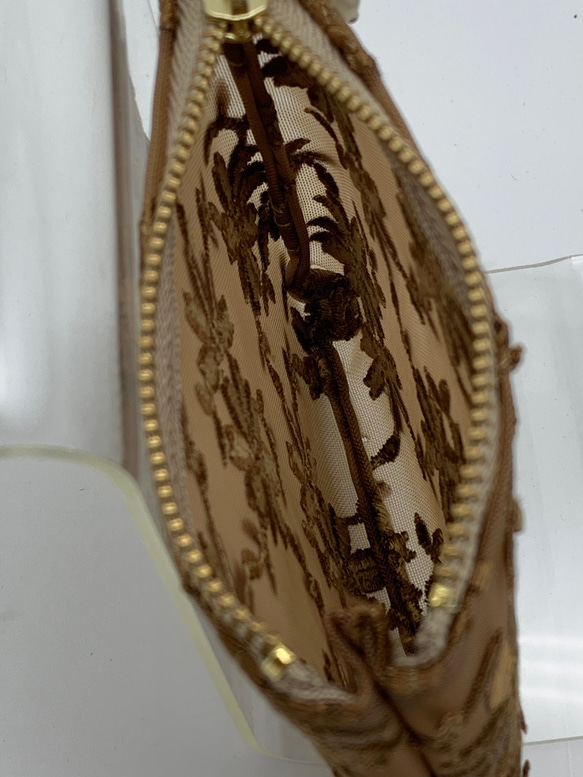 ミニ　セミシースルーなポーチ　小花刺繍糸のハードメッシュ　茶色　小　506 5枚目の画像