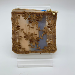 ミニ　セミシースルーなポーチ　小花刺繍糸のハードメッシュ　茶色　小　506 9枚目の画像