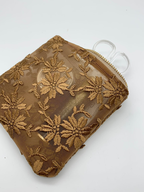 ミニ　セミシースルーなポーチ　小花刺繍糸のハードメッシュ　茶色　小　506 8枚目の画像