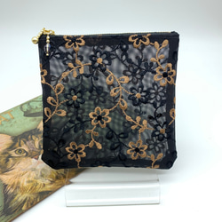 四角が使い易い　刺繍ハードメッシュ　軽いセミシースルーのフラットなポーチ　焦げ茶色ファスナー　508 2枚目の画像