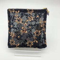 四角が使い易い　刺繍ハードメッシュ　軽いセミシースルーのフラットなポーチ　焦げ茶色ファスナー　508 10枚目の画像