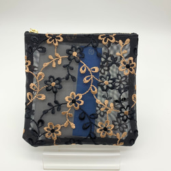 四角が使い易い　刺繍ハードメッシュ　軽いセミシースルーのフラットなポーチ　焦げ茶色ファスナー　508 8枚目の画像