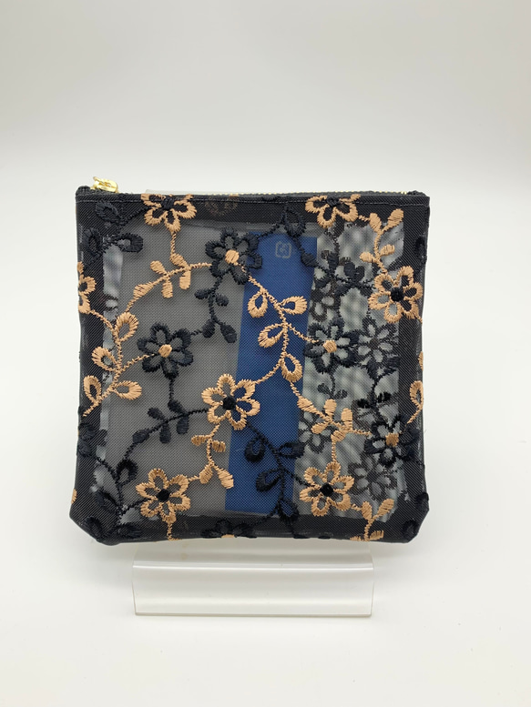 四角が使い易い　刺繍ハードメッシュ　軽いセミシースルーのフラットなポーチ　焦げ茶色ファスナー　508 8枚目の画像