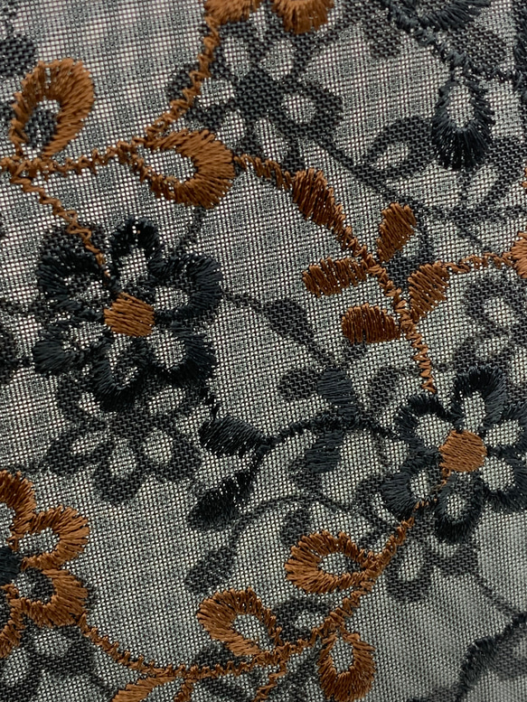 四角が使い易い　刺繍ハードメッシュ　軽いセミシースルーのフラットなポーチ　焦げ茶色ファスナー　509 5枚目の画像