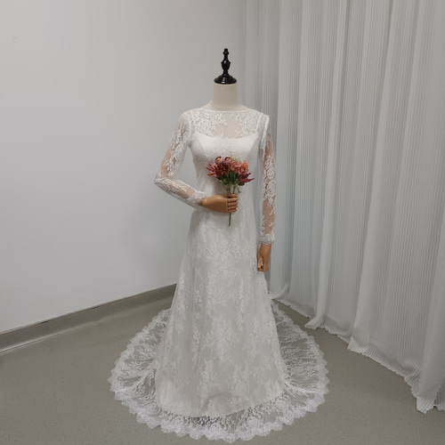送料無料！ウエディングドレス 贅沢な小花総レース 長袖 ツーピース  