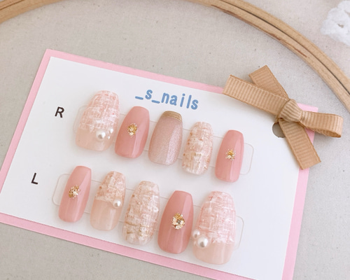 #008 ピンクネイル　ネイルチップ ピンクツイードネイル ＊ ネイルチップ ネイルチップ（つけ爪