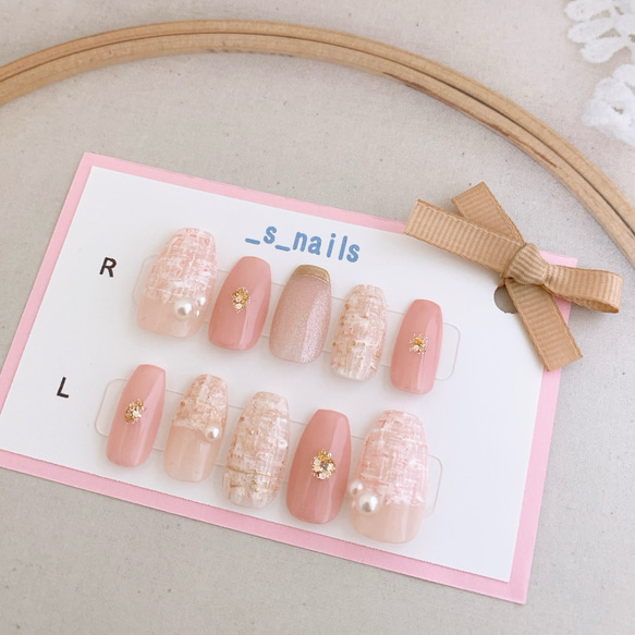 ♡ピンクのツイードネイル♡ ネイルチップ　ハンドメイド ピンクツイードネイル ＊ ネイルチップ ネイルチップ（つけ爪