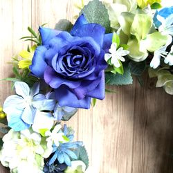 青薔薇とアジサイの夏リース☆玄関リース☆造花リース☆アーティフィシャルフラワー 2枚目の画像