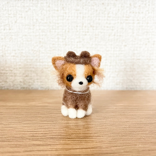 パピヨンちゃん 羊毛フェルト（くまちゃんコーデ） 羊毛フェルト モカ