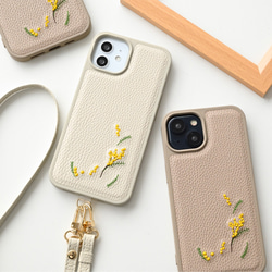 カラー リアケース 【 simple 刺繍 ミモザ 】 iPhone スマホケース スマホショルダー 花 A277I 1枚目の画像