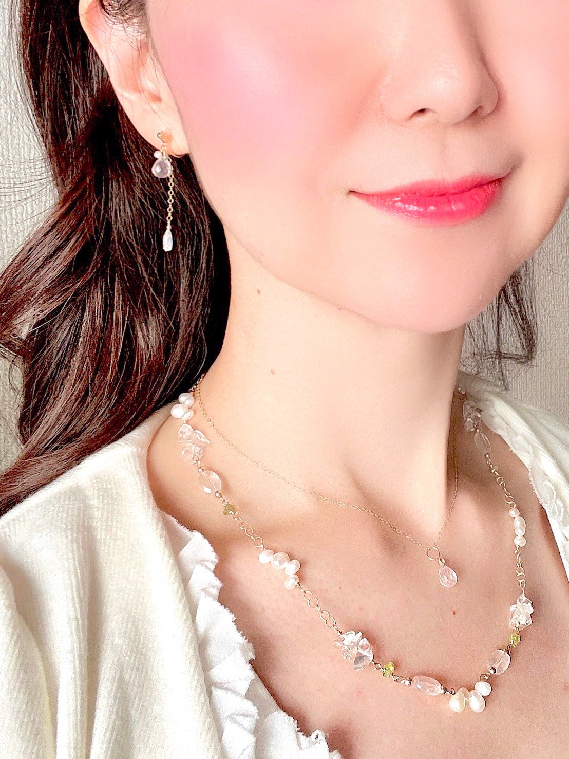 【一点もの】k14gf　ローズクオーツ春色ネックレス　パステルカラー　10月誕生石【受注制作】