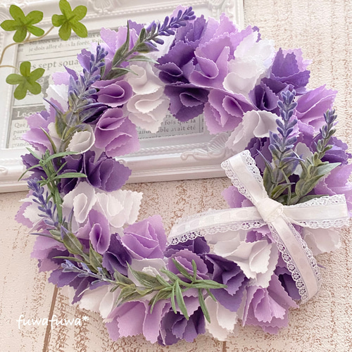 ＊こりどらす＊布リース　刺繍リボン　紫陽花リース ラベンダーのリースonファブリックフレーム／リネン100%の風合い