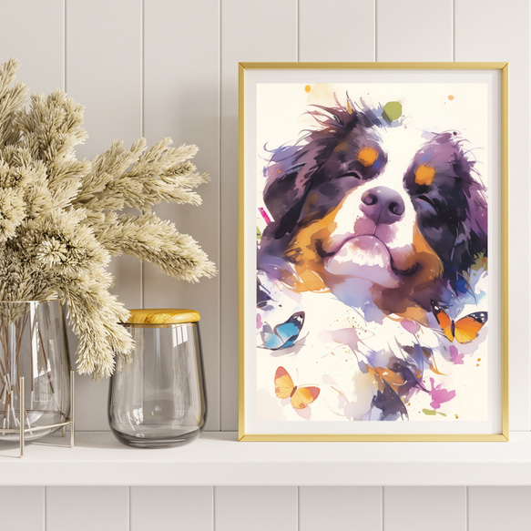 【蝶犬戯舞 - バーニーズマウンテン犬の子犬 No.1】春・蝶・子犬・アートポスター・犬の絵・犬の絵画 8枚目の画像