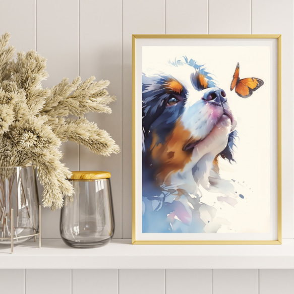 【蝶犬戯舞 - バーニーズマウンテン犬の子犬 No.2】春・蝶・子犬・アートポスター・犬の絵・犬の絵画 8枚目の画像