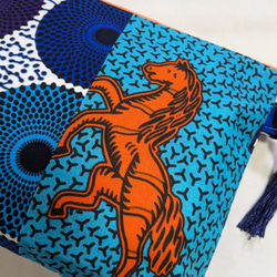 アフリカ布 青いお馬さんと波紋柄　大きなポーチ(大) 8枚目の画像