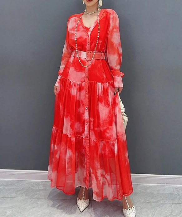 Vネック レトロ フェミニン お呼ばれ 長袖 ドレス シフォン レディース Vネック 花柄 シフォン ロングワンピース レトロ