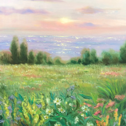 油絵　原画　オリジナル　「海とお花畑」送料無料 3枚目の画像