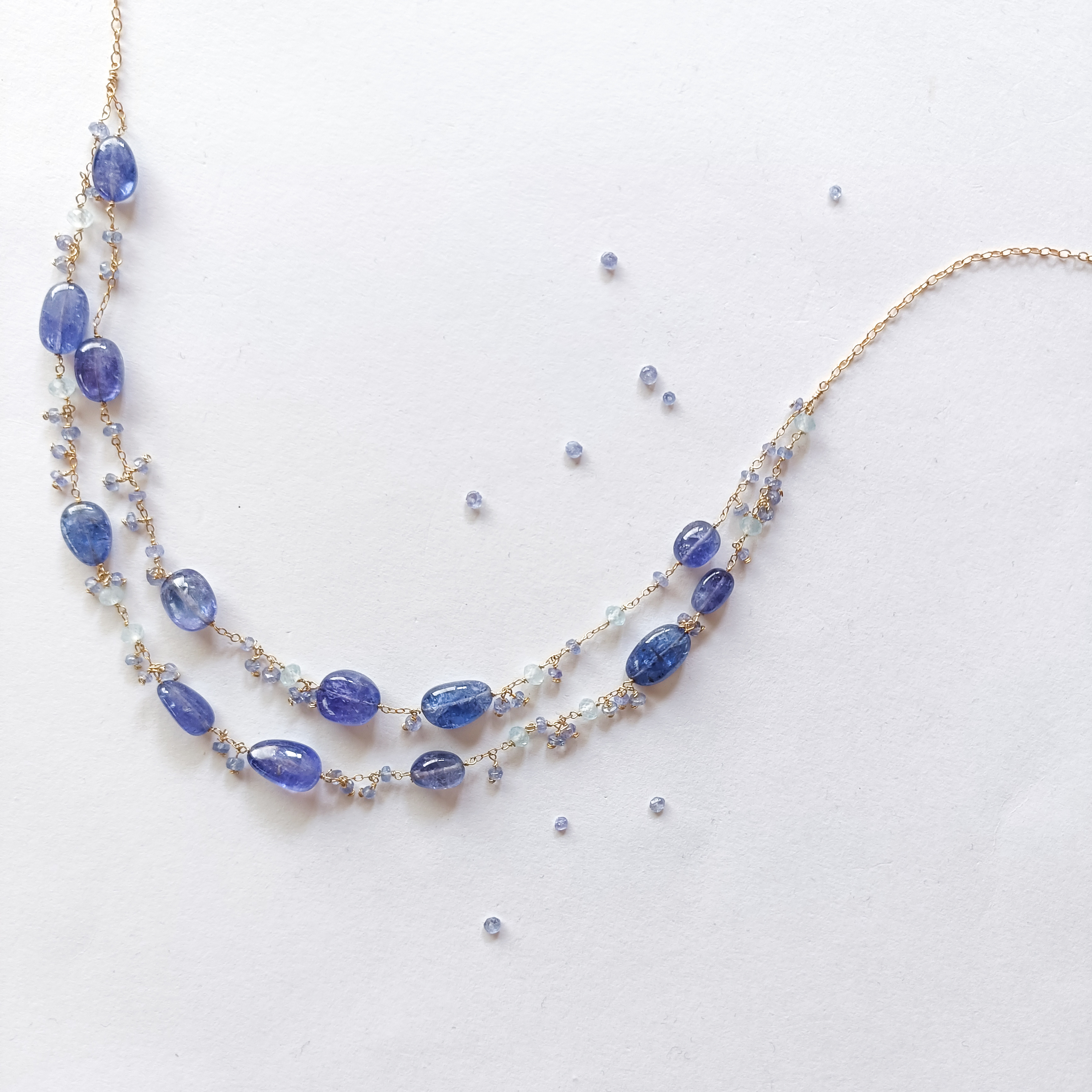 ジュエリー品質 タンザナイト × アクアマリン × 14kgf の 2連 ネックレス　40cm　12月誕生石