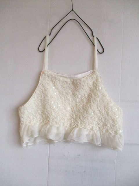 イタリア製　生成りオフ白　全面シャーリングきらきらスパンコール　キャミソール　　1点物