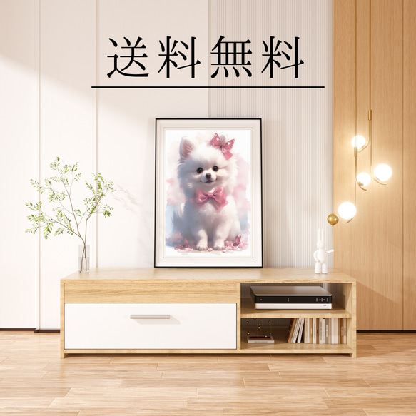 【蝶犬戯舞 - 日本スピッツ犬の子犬 No.4】春・蝶・子犬・アートポスター・犬の絵・犬の絵画 4枚目の画像