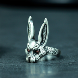 ゴシック ルビー ジャックラビット 925 シルバー リング、ダーク スタイル手作り絶妙なギフト ウサギ リング 2枚目の画像