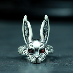 ゴシック ルビー ジャックラビット 925 シルバー リング、ダーク スタイル手作り絶妙なギフト ウサギ リング 5枚目の画像