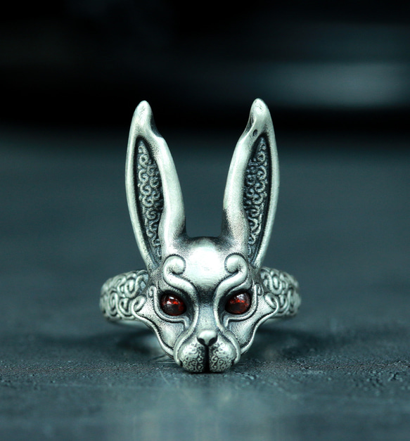 ゴシック ルビー ジャックラビット 925 シルバー リング、ダーク スタイル手作り絶妙なギフト ウサギ リング 5枚目の画像
