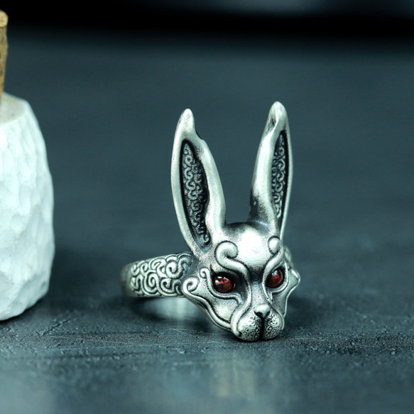 ゴシック ルビー ジャックラビット 925 シルバー リング、ダーク スタイル手作り絶妙なギフト ウサギ リング 1枚目の画像