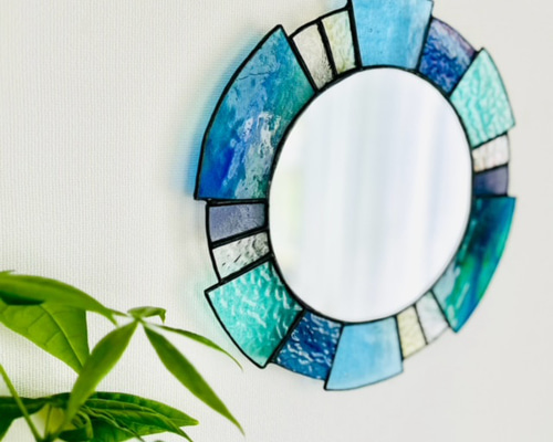 壁掛けミラー☆パステルブルー 鏡 壁掛け ウォールミラー 北欧 ステンドグラス Papillon Bleu ミラー