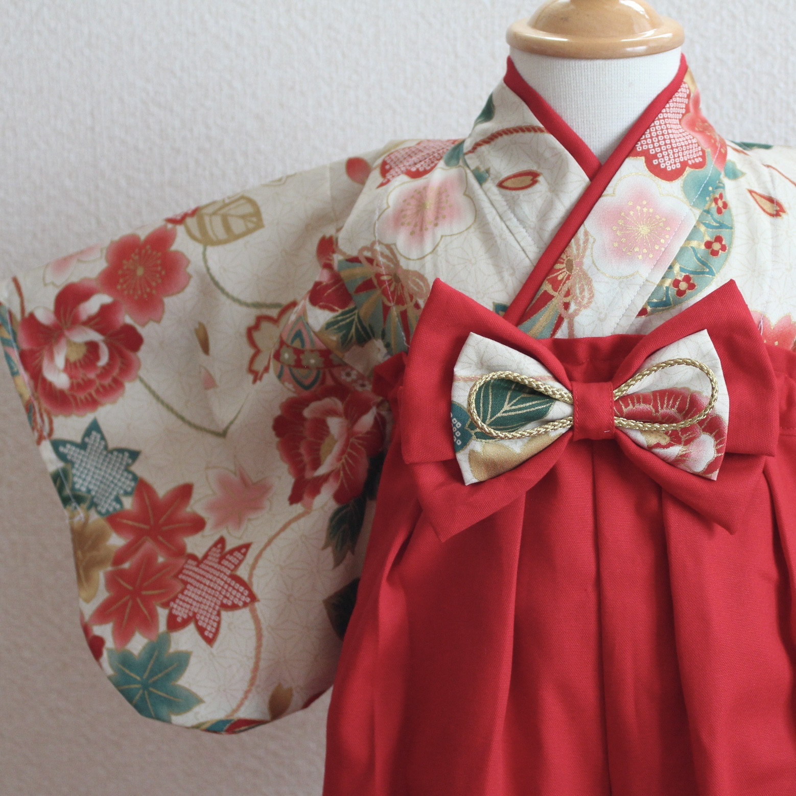 花鞠アイボリー×レッド ベビー袴 ＊ 60 70 80 90 100 110 120 お食い初め
