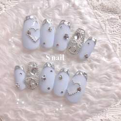 ネイルチップ 水色 ガラスフレンチ ハート リボン ストーン 韓国