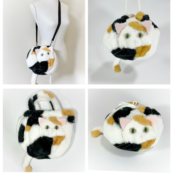 2409-44 ミニチュア巾着トートサシェ 香り袋 パネル ネコちゃん ③ ぬいぐるみみたいな 香箱座りの三毛猫さん巾着バッグ トート ミニ