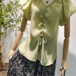 新品！セミの羽紗パフスリーブシャツ　コットン 快適で着やすいtシャツ　ブラウス 　トーブス　グリーン 5枚目の画像