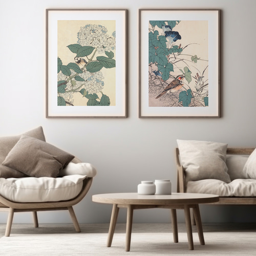 NO.572】紫陽花と鳥の日本画アートポスター☆梅雨和室インテリア和