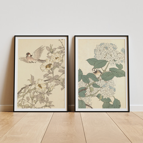 NO.572】紫陽花と鳥の日本画アートポスター☆梅雨和室インテリア和