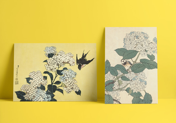 【NO.572】紫陽花と鳥の日本画アートポスター☆梅雨和室インテリア和モダンボタニカル★ハガキ2L判A5A4A3A5A4 6枚目の画像