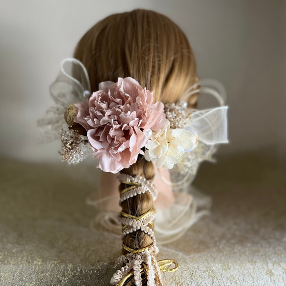 【新作】くすみピンク　ピオニー　髪飾り　成人式　結婚式　水引　金箔 7枚目の画像