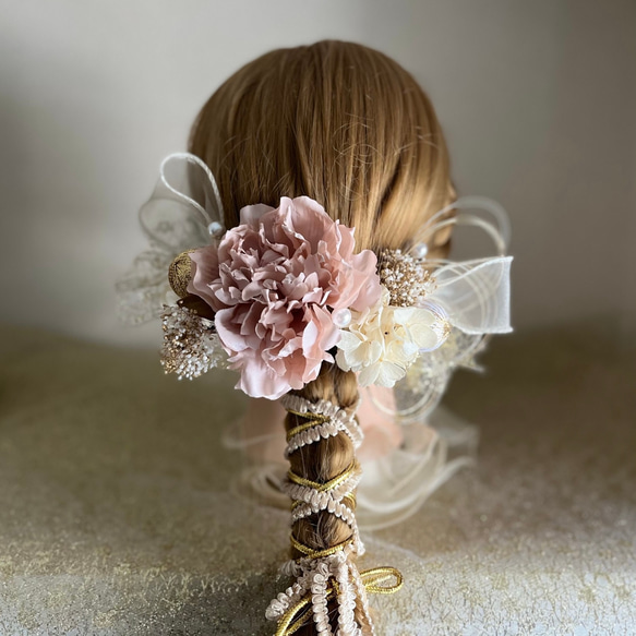 【新作】くすみピンク　ピオニー　髪飾り　成人式　結婚式　水引　金箔 4枚目の画像