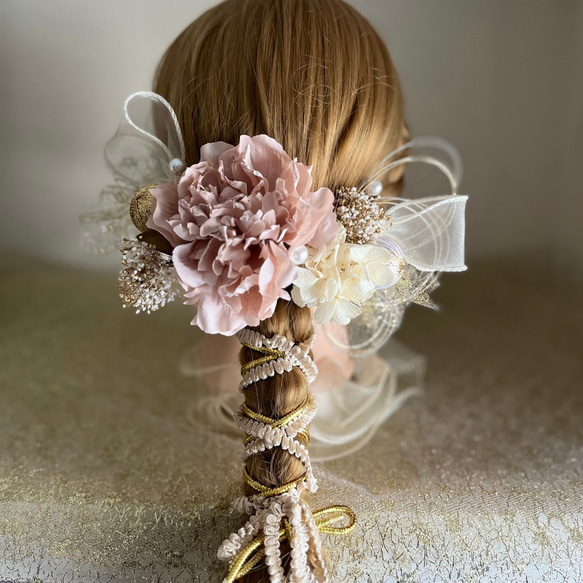 【新作】くすみピンク　ピオニー　髪飾り　成人式　結婚式　水引　金箔 3枚目の画像