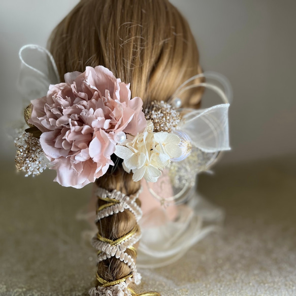 【新作】くすみピンク　ピオニー　髪飾り　成人式　結婚式　水引　金箔 6枚目の画像