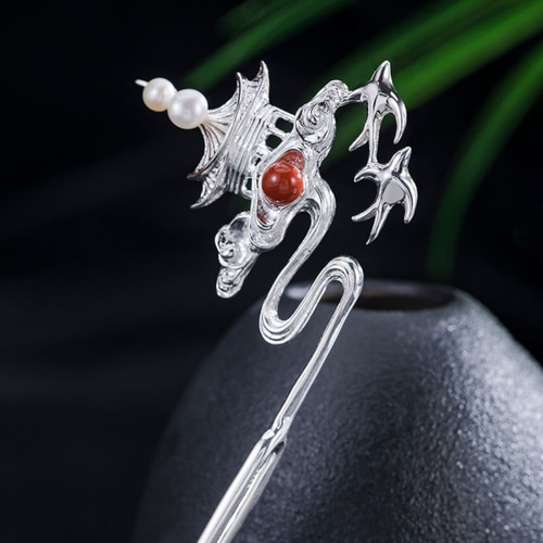 蜃気楼の簪 - パールの輝きと瑪瑙の神秘的な輝き K142 かんざし Vary  