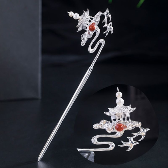 蜃気楼の簪 - パールの輝きと瑪瑙の神秘的な輝き K142 かんざし Vary  