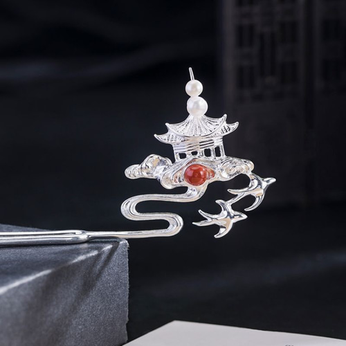 蜃気楼の簪 - パールの輝きと瑪瑙の神秘的な輝き K142 かんざし Vary  