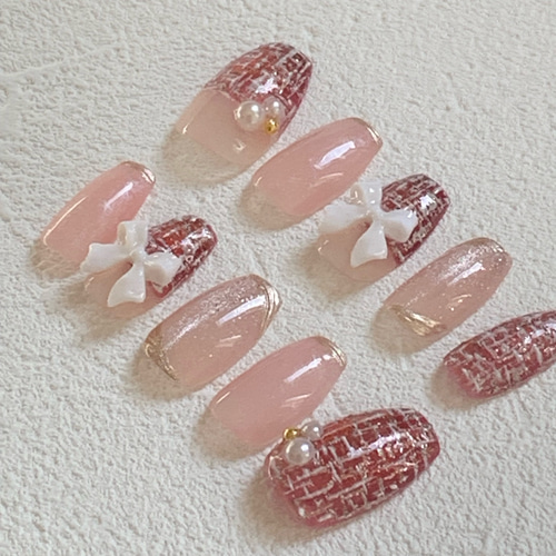 No.038】ネイルチップ♡ツイードネイル♡埋めつくしネイル♡リボン