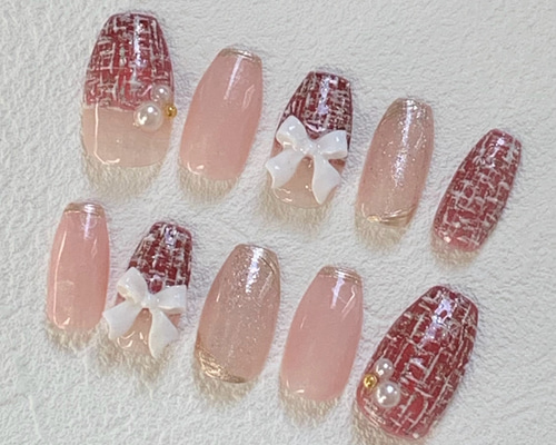 【No.038】ネイルチップ♡ツイードネイル♡埋めつくしネイル♡リボンネイル No.038】ネイルチップ♡ツイードネイル♡埋めつくしネイル