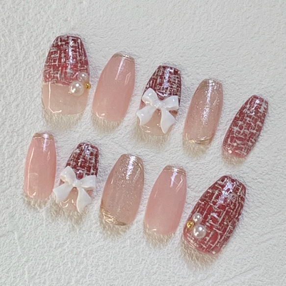 赤のツイードネイル ＊ リボンネイル＊ ネイルチップ ネイルチップ  