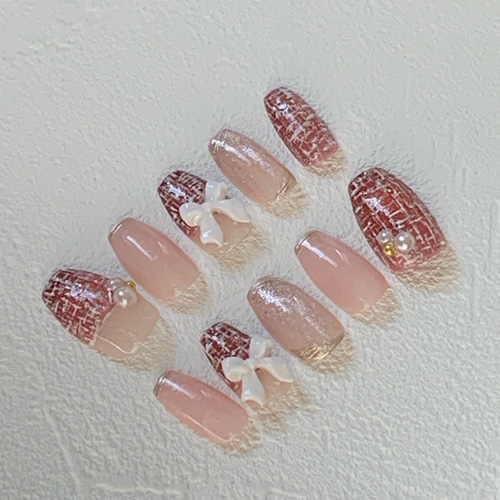 赤のツイードネイル ＊ リボンネイル＊ ネイルチップ ネイルチップ