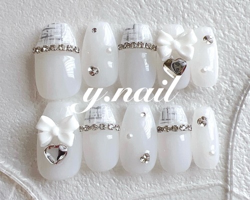 ネイルチップ ワンホン ツイード ガーリー リボン ビジュー ネイルチップ ピンク リボン ツイード 韓国 ガーリー ネイル